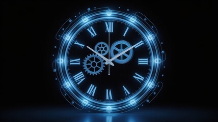 Watch glowing futuristic mechanical timekeeping device with roman numerals and gears
