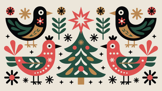 Charming folk art style holiday birds surround a festive Christmas tree with vibrant stars and snowflakes creating a whimsical winter wonderland scene
