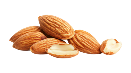 Pile of almonds with one cracked open isolated on a transparent background