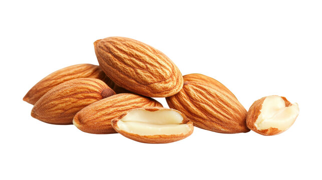 Pile of almonds with one cracked open isolated on a transparent background