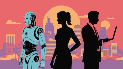 Futuristic robot, business person, and modern professional collaborate in a vibrant cityscape at sunset, symbolizing innovation and progress.