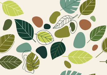 A seamless pattern of stylized leaves and abstract shapes in various shades of green, teal, and brown on a cream background.