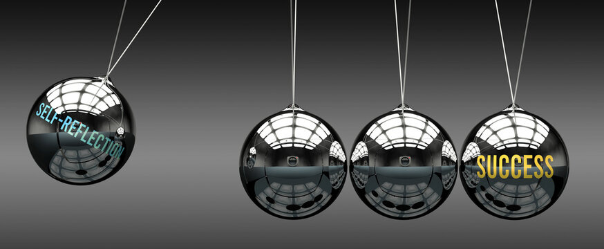 Self-Reflection leads to Success. A metaphor in which self-reflection initiates motion of success and gives it energy. Cause and effect relation between self-reflection and success. ,3d illustration