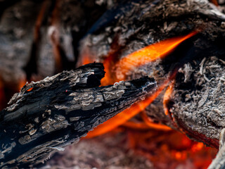 Detailed close-up of charred wood and bright orange flames in a campfire.
