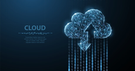 Cloud technology. Polygonal wireframe cloud storage sign with two arrows up and down on dark blue with dots, stars. Cloud computing, big data Concept illustration or background   © Littlemose