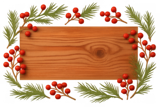 Rustic wooden board surrounded by festive christmas fir branches and red holly berries, creating a holiday frame with transparent background
