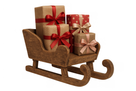 Woodland sleigh delivering christmas gifts and presents for holiday celebration, transparent background