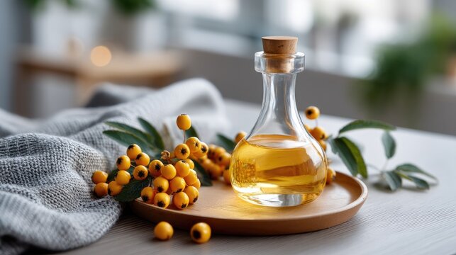 Glass jar of golden oil sits on a wooden coaster next to vibrant orange berries and green leaves, showcasing a natural setting - Powered by Adobe