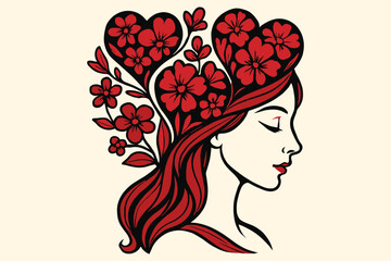 Woman s profile with red flowers and hearts growing from her hair and head