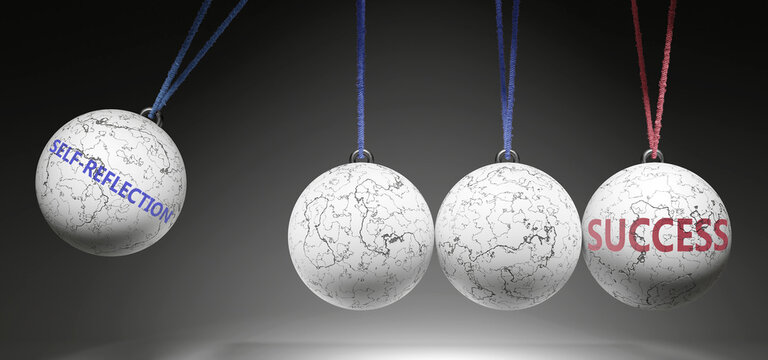 Self-Reflection and Success - cause and effect relationship. A Newton cradle metaphor showing how self-reflection results in success. It initiates success. ,3d illustration