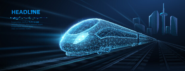 Fast express passenger train on high speed intercity railway moving from city. Futuristic technology. Modern town cityscape. 3d abstract railroad travel concept

