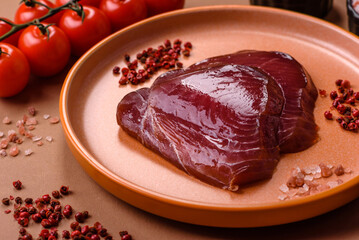 Tuna steak for sashimi or sushi, smoked fish. Tuna steak as a food background