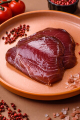 Tuna steak for sashimi or sushi, smoked fish. Tuna steak as a food background