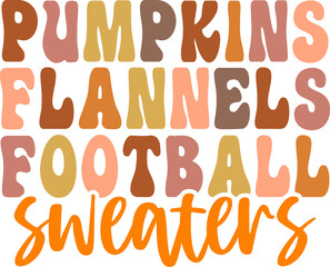 Pumpkins Flannels Football Sweaters Fall autumn typography clip art design on plain white transparent isolated background for card, shirt, hoodie, sweatshirt, apparel, tag, mug, icon, poster or badge