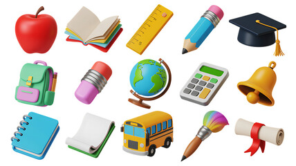 School Supplies Icons Apple Book Ruler Pencil Graduation Cap Backpack Calculator