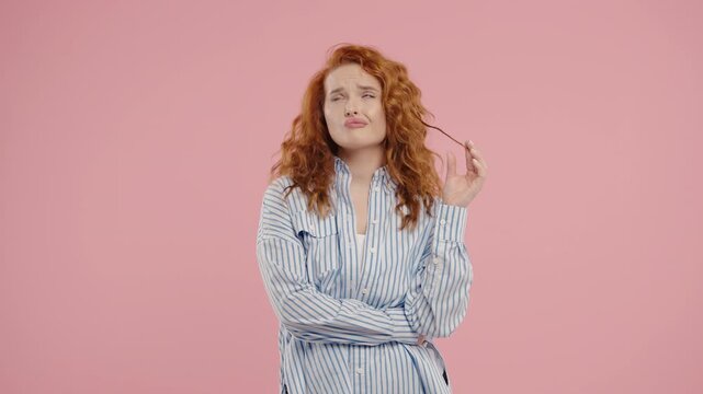 Thoughtful around woman weighing options. Puzzled Lady Looking Answer on Pink