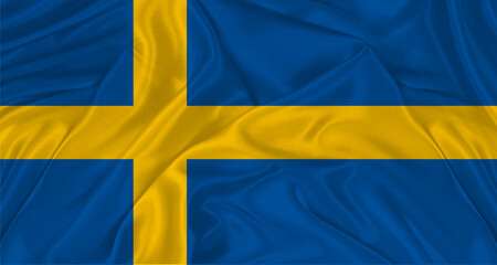 Swedish flag with fabric texture. Realistic flag of Sweden waving