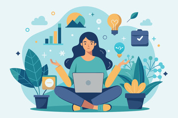 Fototapeta premium Woman working on laptop with business icons floating around her, symbolizing productivity and creativity