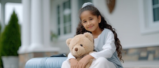 Child enjoys a leisurely moment sitting on an inflatable ring with a plush toy, surrounded by greenery and sunlight