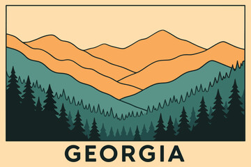 Stylized illustration of rolling orange mountains above a dark green pine forest with the word georgia below © Md Abdul Latif