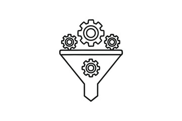 Outline showcases three cogs above a funnel, with a single cog below it