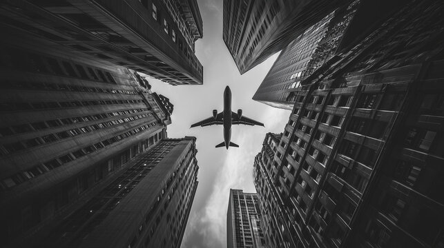 Imagem em preto e branco mostra avi&atilde;o passando entre edif&iacute;cios altos, &acirc;ngulo ascendente, estilo foto-realista e est&eacute;tica urbana contrastada