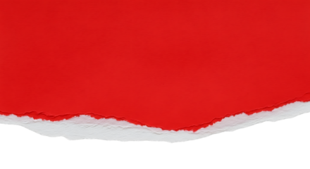 A close up view of torn red paper with a white edge against a black background in a studio shot