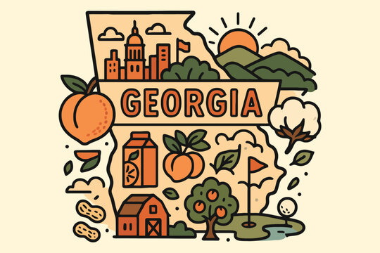 Vibrant illustration of georgia state landmarks and agriculture in a cartoon style