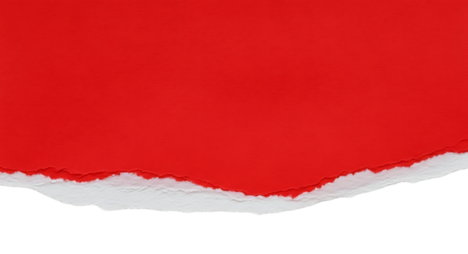 A close up view of torn red paper with a white edge against a black background in a studio shot