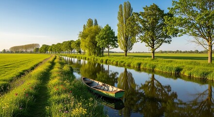Fototapeta premium Peaceful Rural Landscape with Calm Canal Reflecting Trees Between Green Fields in Golden Sunset Light