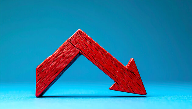 Red wooden arrow pointing down. Business, market decline, financial loss or economic downturn