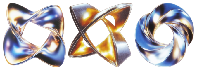 PNG Three abstract metallic shapes with swirling patterns element set on transparent background.