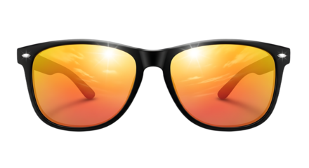Close up of black framed sunglasses with orange gradient lenses reflecting a bright sky scene
