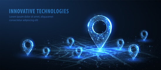 One big abstract pin icon on the city map with a few small pins. Transportation delivery, map location, transport logistics, tourism navigation, concept. Gps navigation, new location. Blue background
