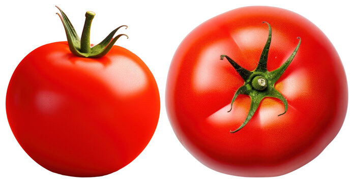 PNG Two ripe red tomatoes with green stems on a white background element set on transparent background.
