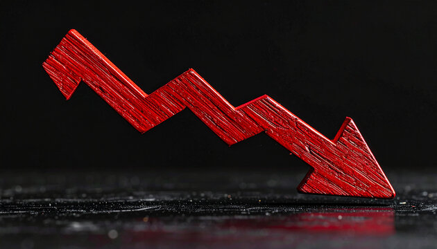 Red wooden arrow pointing downward. Market decline, financial loss, economic downturn.