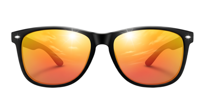 Close up of black framed sunglasses with orange gradient lenses reflecting a bright sky scene