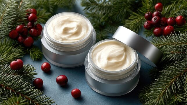 Two cream containers surrounded by evergreen branches and red berries create a cozy winter ambiance perfect for skincare