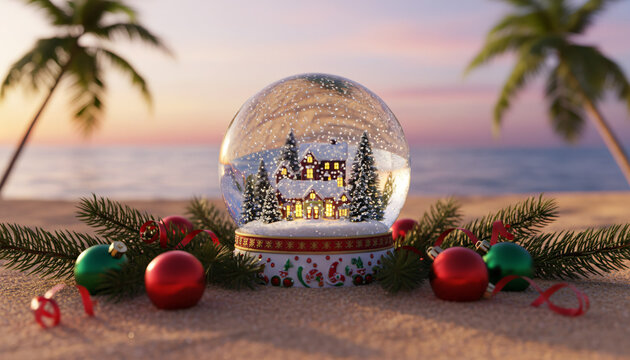 Christmas Snow Globe with Decorations in Festive Colors Representing Tropical Holiday Magic on a Beach