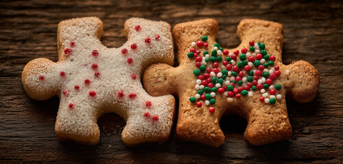 Christmas cookie shaped like puzzle piece together concept