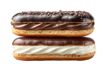 Two delicious chocolate glazed eclairs filled with cream stacked together showing sweet pastry perfection isolated on transparent background