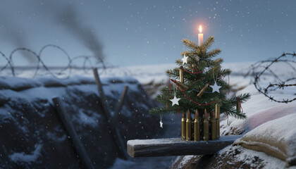 Fototapeta premium Christmas tree symbolic in snow-covered trench with barbed wire at dawn