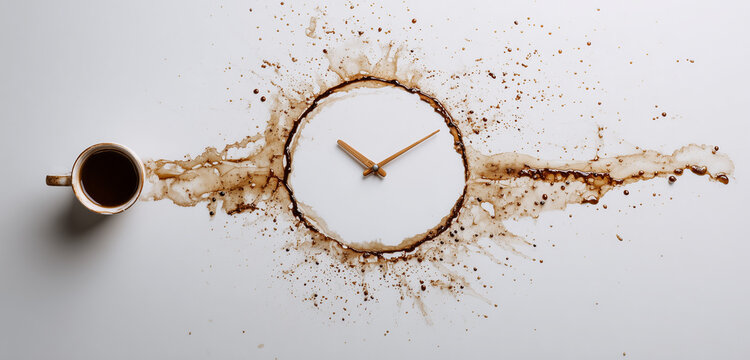 Clock face made of coffee ring stain on time concept