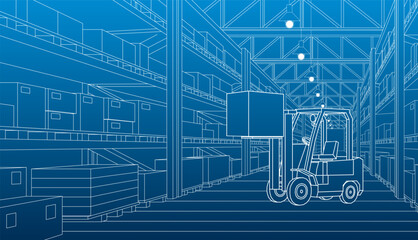 Forklift and warehouse. Automatic stock storage, modern distribution building, ecommerce warehouse, digital logistics, smart package hardware, AI delivery system, innovation in cargo

