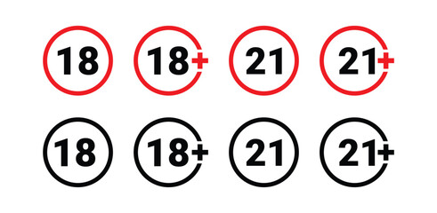 18 plus 21 plus only icon. Age limit under 18 years old is forbidden circle sign symbol vector illustration. Under 18 sign in on white background. Over 18 only censored. Eighteen age older forbidden.