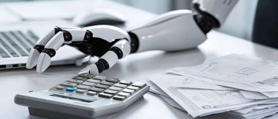 A close-up of a robotic hand analyzing financial reports with a calculator. Symbol of artificial intelligence in accounting, automation in finance, and technology-driven business solutions.