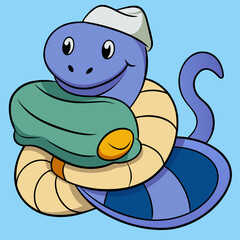 Cute cartoon snake wearing a chef hat holding a baguette silhouette