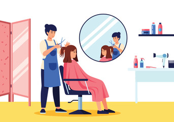 Flat vector of hairstylist cutting woman’s hair in modern salon, personal grooming and fashion care illustration