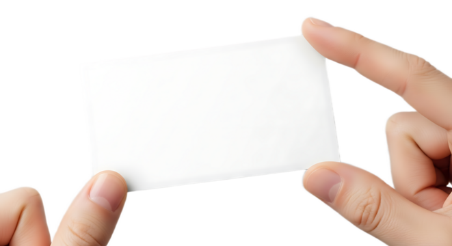 A person holding a blank white card between their fingers against a black background studio shot
