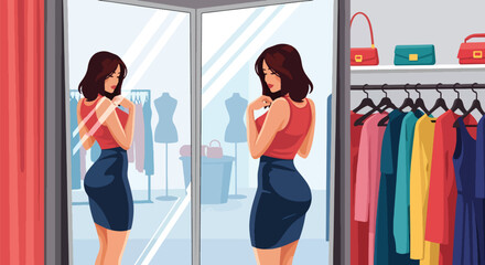 Flat vector of woman trying new dress in fitting room mirror, shopping and personal fashion concept